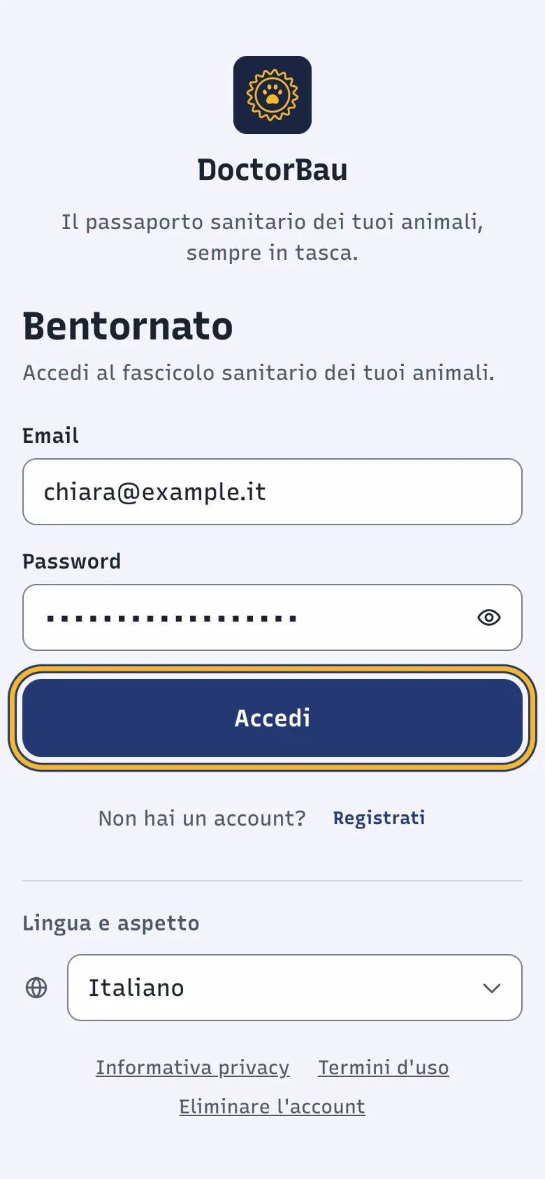 Schermata Bentornato di DoctorBau con i campi Email e Password; evidenziato «Accedi».
