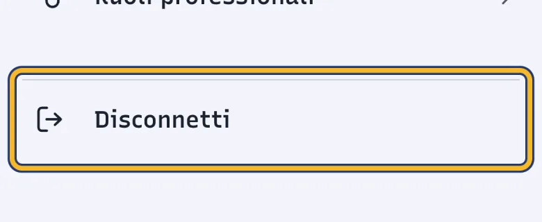 Fondo della schermata Profilo di DoctorBau con le impostazioni; evidenziato «Disconnetti».