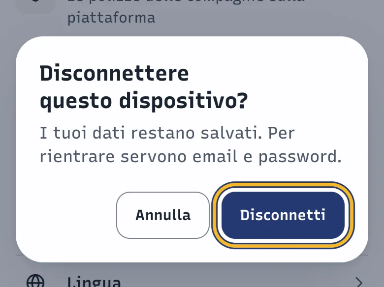 Finestra «Disconnettere questo dispositivo?» di DoctorBau; evidenziato il pulsante «Disconnetti».