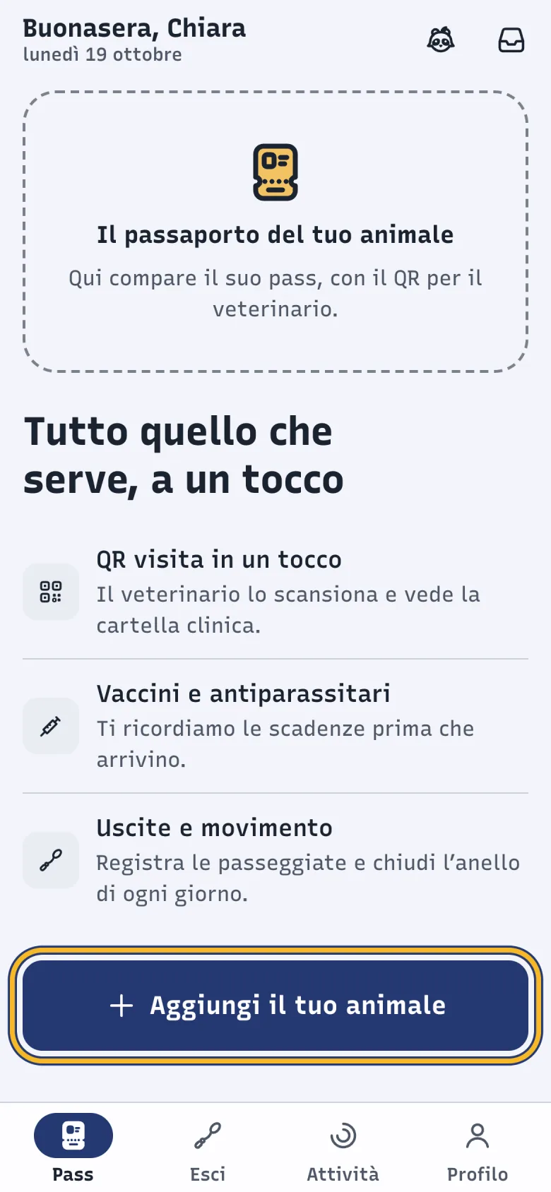 Schermata Pass di DoctorBau senza animali, con i vantaggi dell'app; evidenziato «Aggiungi il tuo animale».