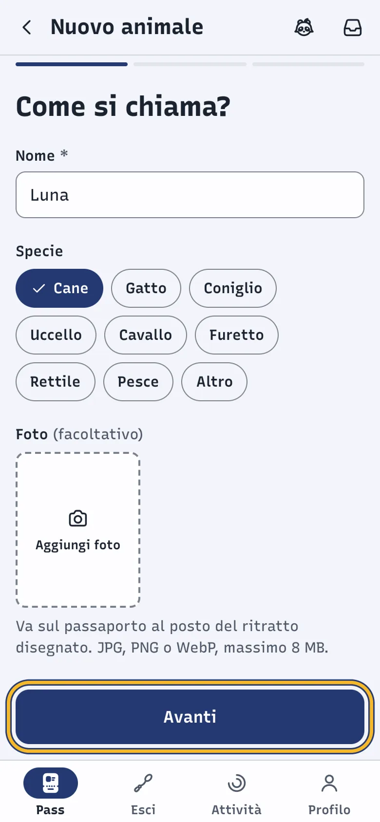 Schermata Nuovo animale di DoctorBau, passo 1 di 3, con il nome Luna e la specie Cane; evidenziato «Avanti».