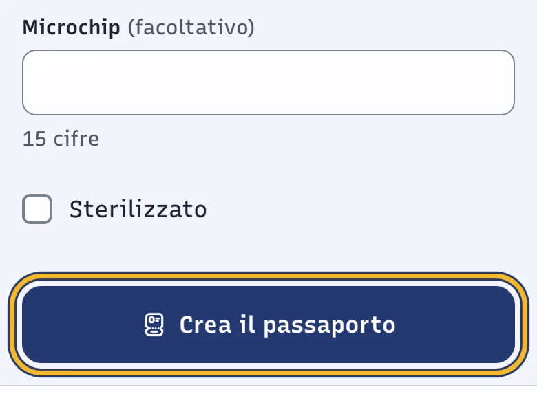 Ultimo passo di Nuovo animale in DoctorBau con microchip e Sterilizzato; evidenziato «Crea il passaporto».