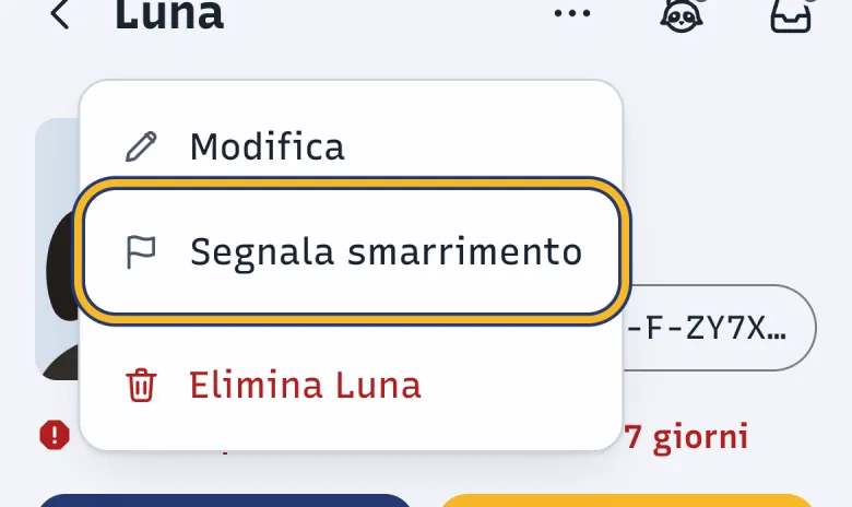 Menu Altre azioni per Luna aperto nella scheda di DoctorBau; evidenziato «Segnala smarrimento».