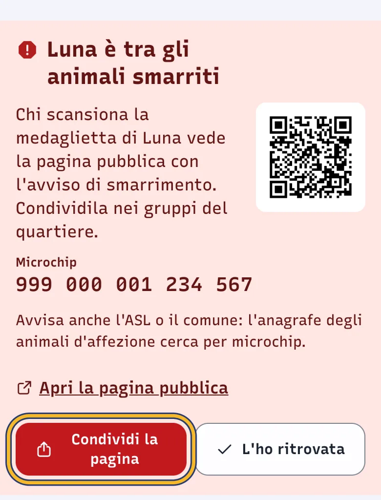 Banda rossa Luna è tra gli animali smarriti nella scheda di DoctorBau, con microchip e QR; evidenziato «Condividi la pagina».