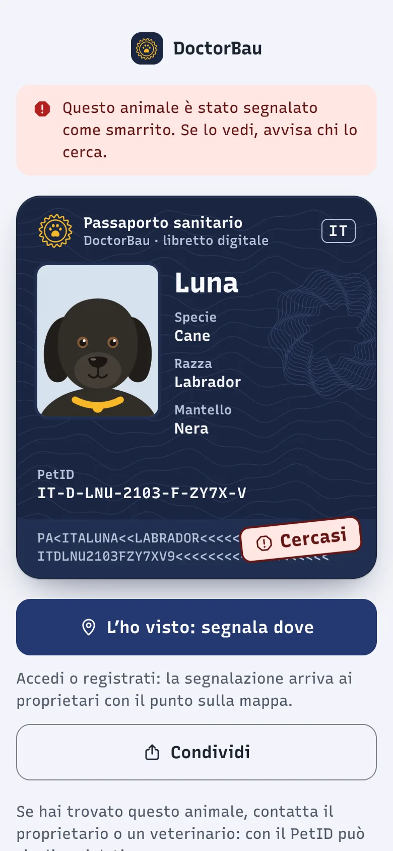 Pagina pubblica di Luna in DoctorBau con la scritta Cercasi e l'avviso di smarrimento.
