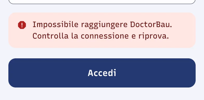 Errore di accesso in DoctorBau: «Impossibile raggiungere DoctorBau. Controlla la connessione e riprova»