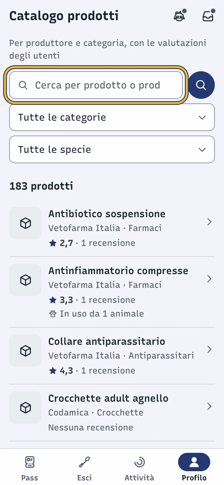 Schermata Catalogo prodotti di DoctorBau con l'elenco dei prodotti; evidenziato il campo di ricerca.