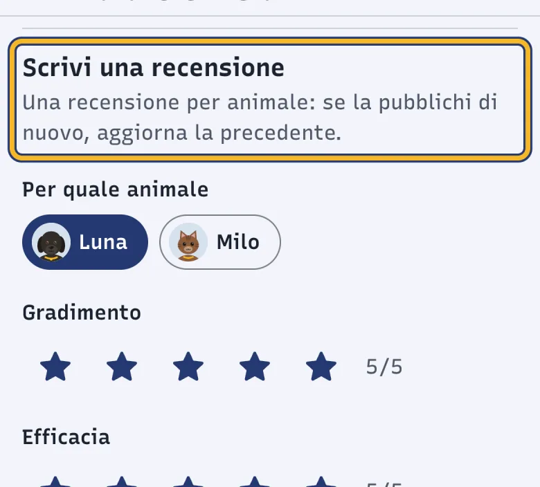 Pagina di un prodotto in DoctorBau; evidenziata la sezione «Scrivi una recensione» con stelle e commento.