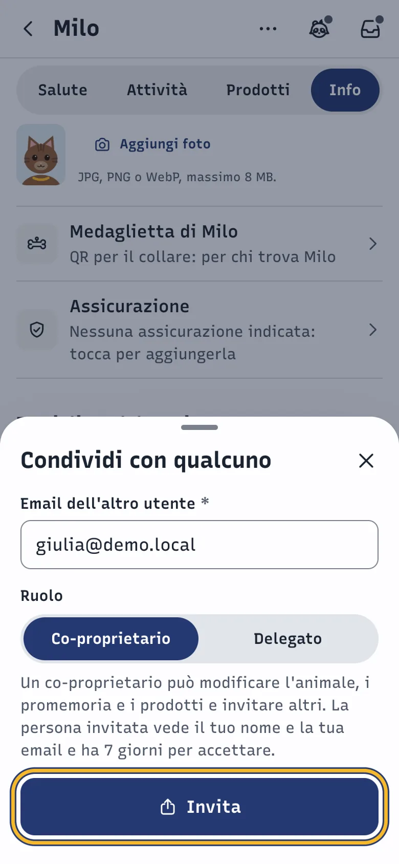 Foglio Condividi con qualcuno di DoctorBau per Milo, con l'invito a giulia@demo.local come Co-proprietario; evidenziato «Invita».