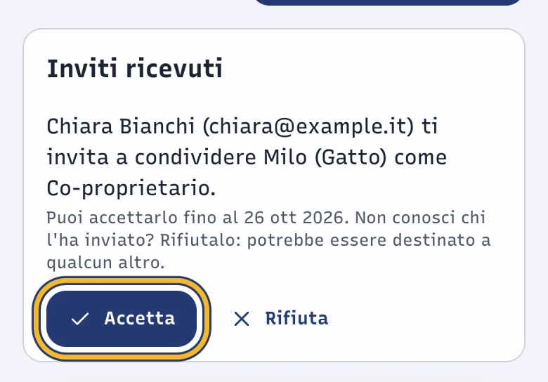 Pagina I miei animali di DoctorBau con il riquadro Inviti ricevuti per Milo; evidenziato «Accetta».