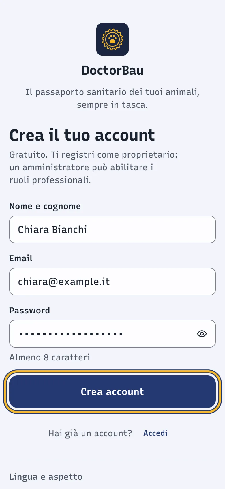 Schermata Crea il tuo account di DoctorBau con nome, email e password compilati; evidenziato «Crea account».
