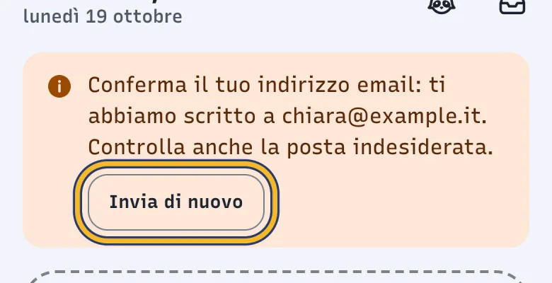 Schermata Pass di DoctorBau con l'avviso per confermare l'indirizzo email; evidenziato «Invia di nuovo».