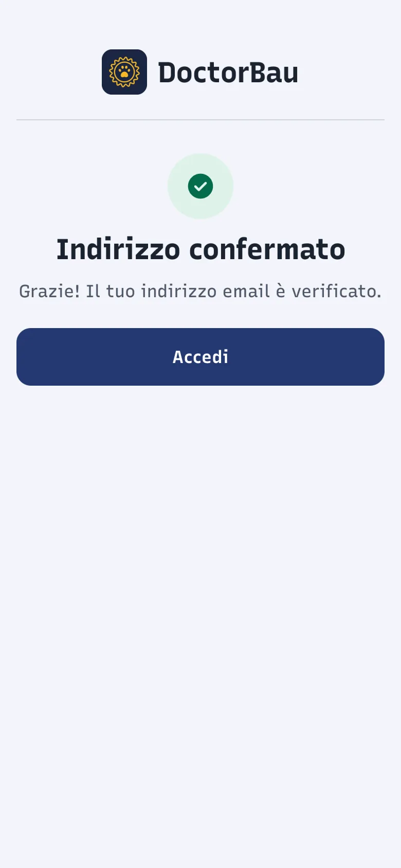 Pagina Indirizzo confermato di DoctorBau con il messaggio «Grazie! Il tuo indirizzo email è verificato.»