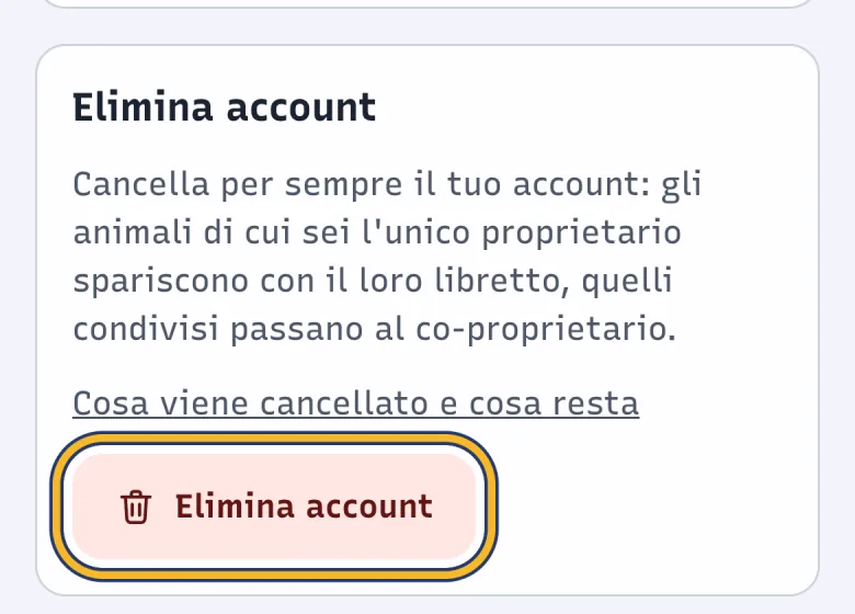 Sezione Elimina account della pagina Account di DoctorBau; evidenziato il pulsante «Elimina account».