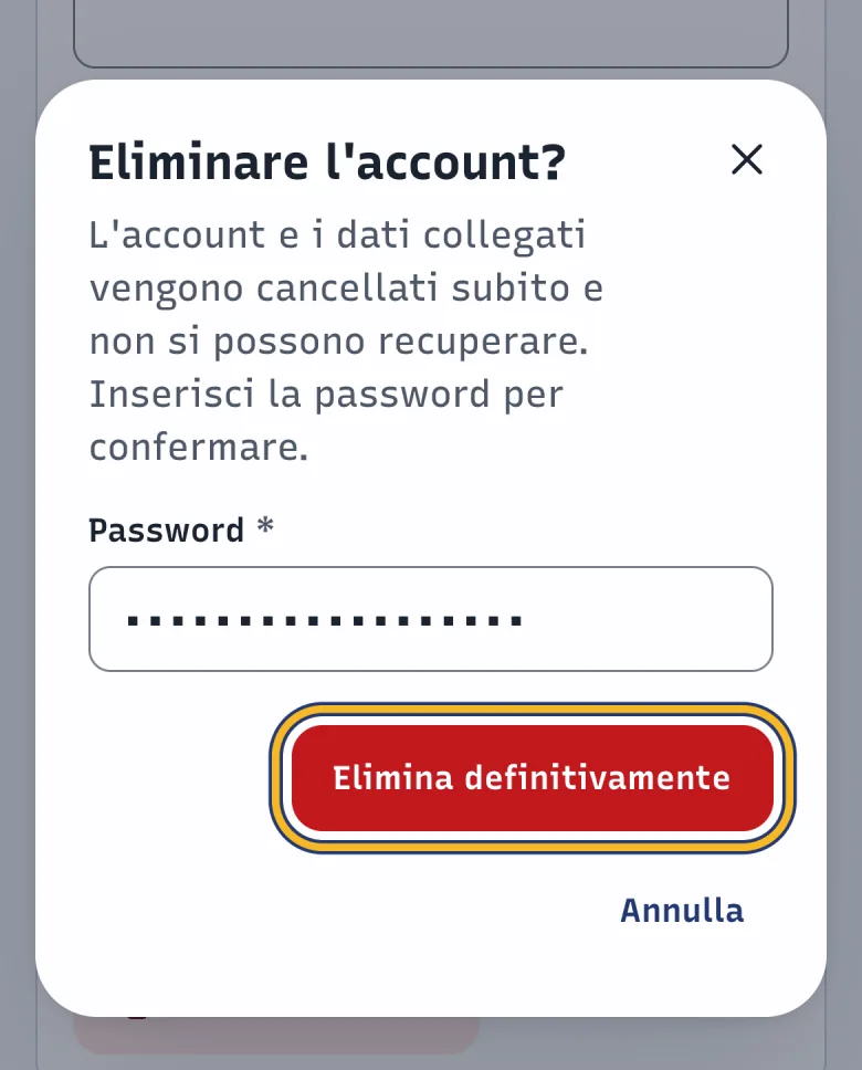 Finestra Eliminare l'account? di DoctorBau con il campo Password; evidenziato «Elimina definitivamente».