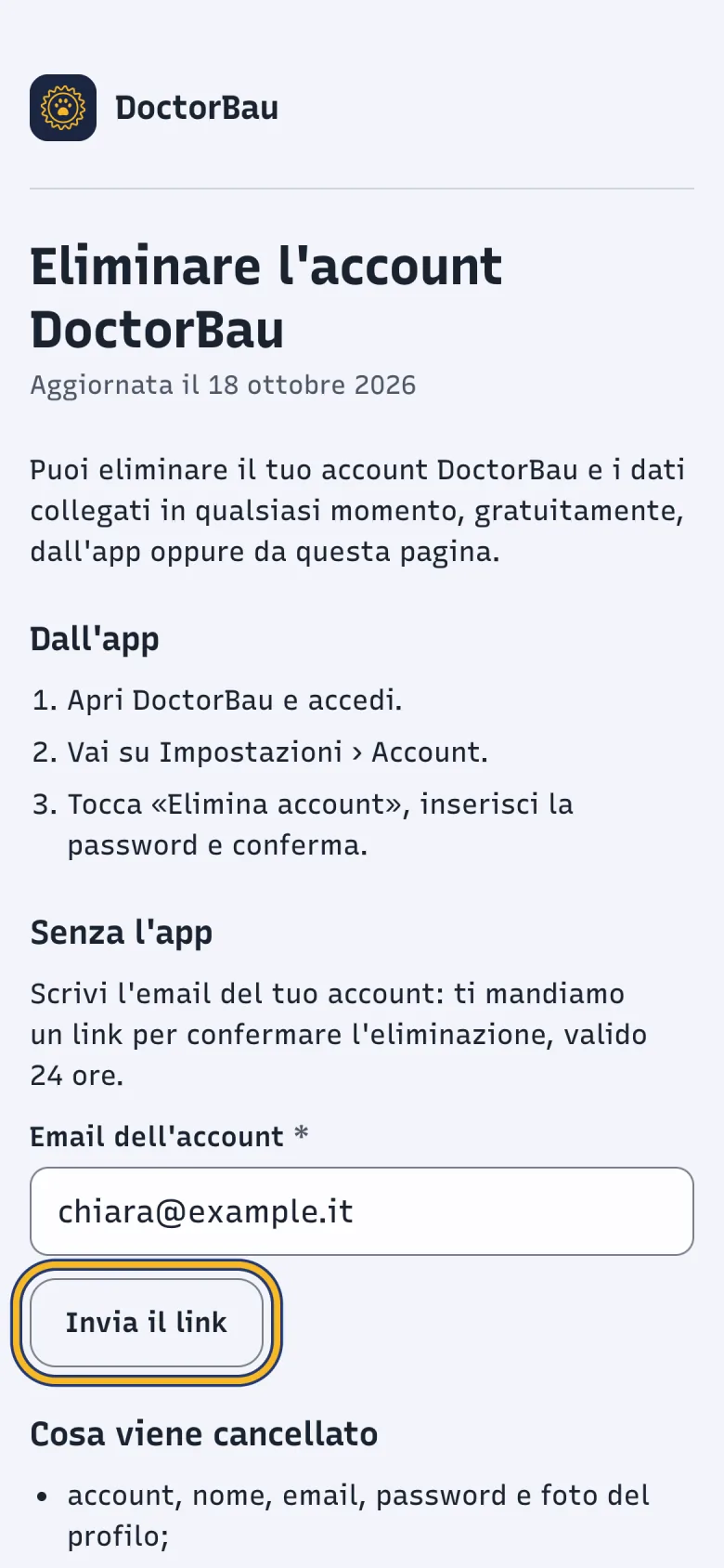 Pagina Eliminare l'account DoctorBau sul web; evidenziato il pulsante «Invia il link».