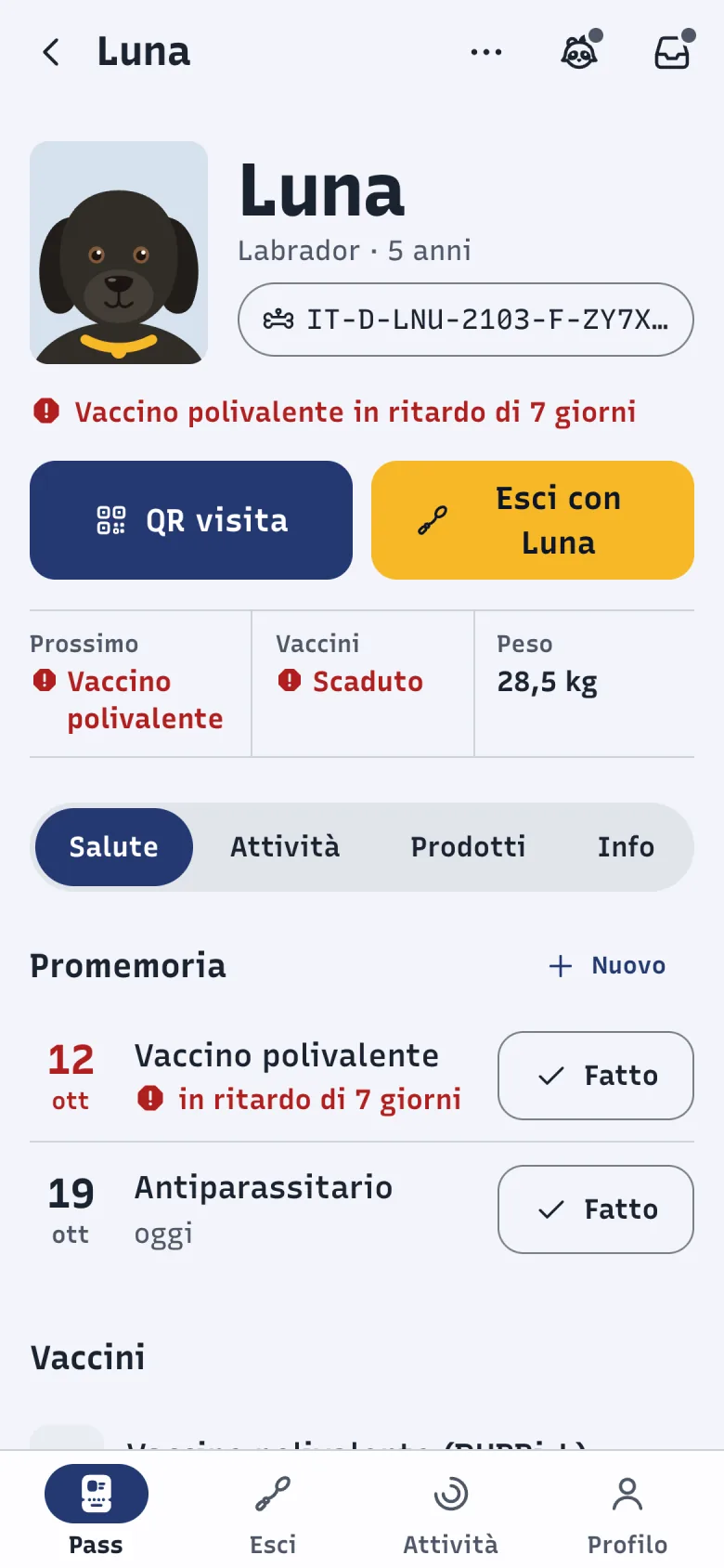 Scheda di Luna in DoctorBau con la sezione Salute aperta: promemoria e l'inizio dei vaccini.