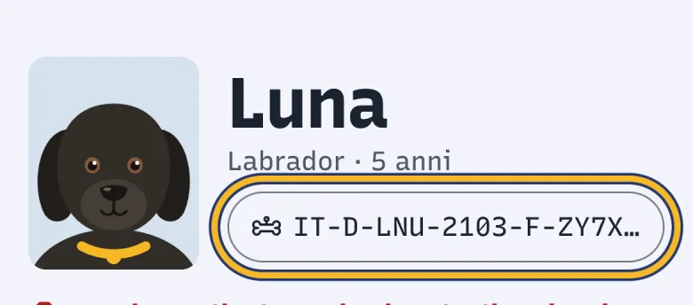 Intestazione della scheda di Luna in DoctorBau; evidenziato il PetID sotto il nome, che apre la medaglietta.