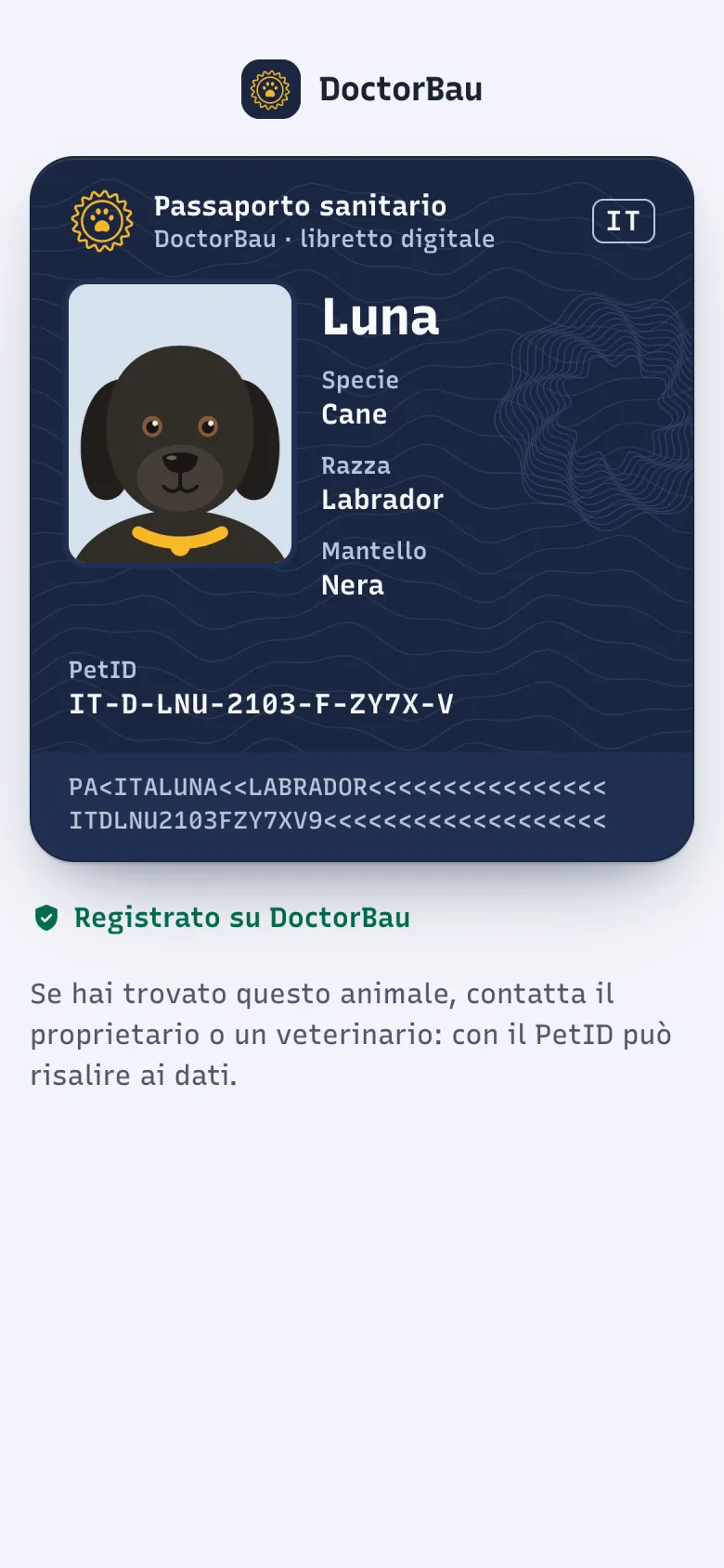Pagina pubblica di Luna in DoctorBau aperta da un browser, con foto, specie, razza e PetID.