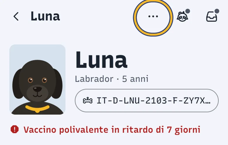 Intestazione della scheda di Luna in DoctorBau, con foto, nome e PetID; evidenziati i tre puntini «Altre azioni per Luna».