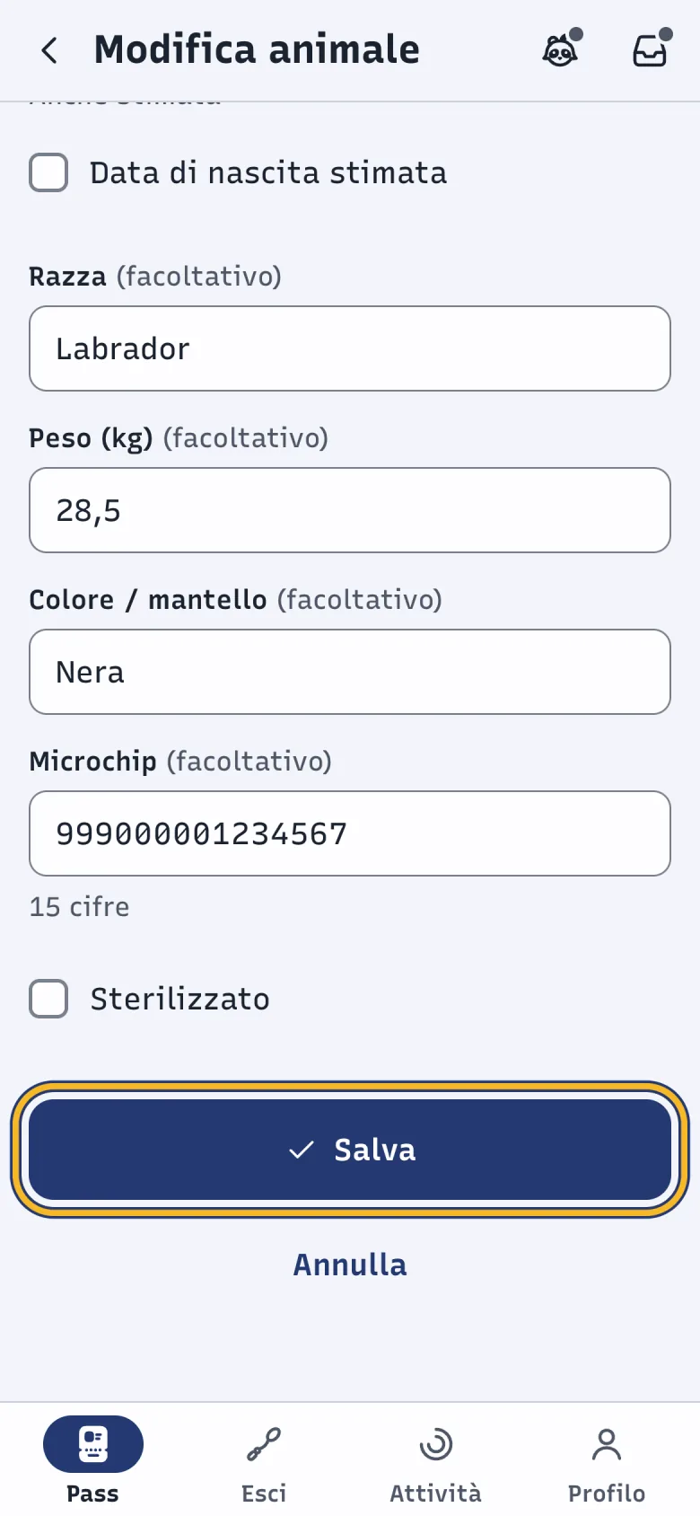 Schermata Modifica animale di DoctorBau con i dati di Luna compilati; evidenziato «Salva».