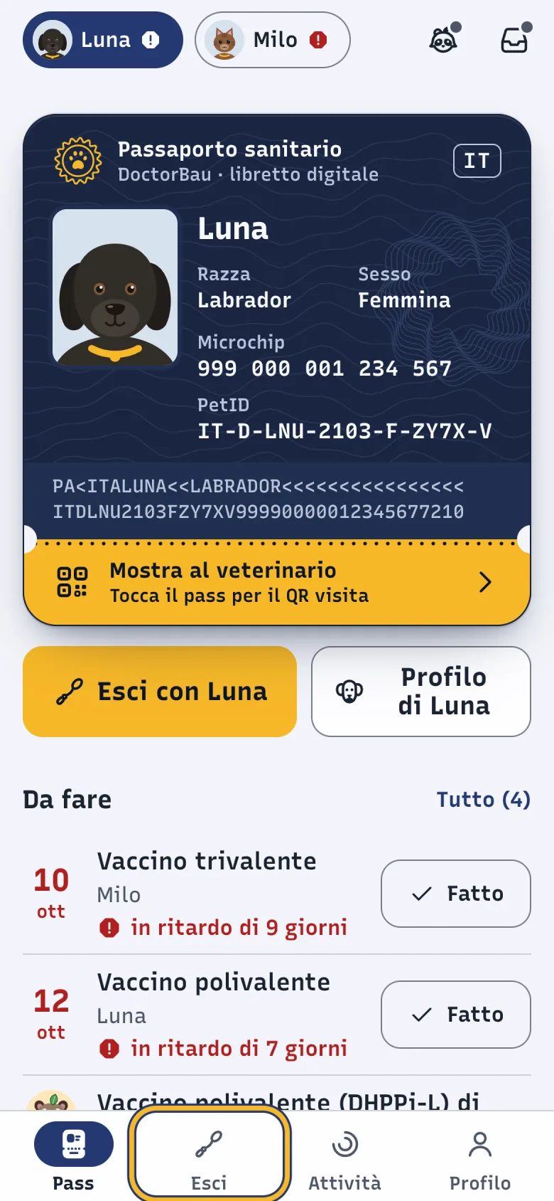 Schermata Pass di DoctorBau con il pass di Luna in primo piano e la barra delle schede in basso; evidenziata la scheda «Esci».