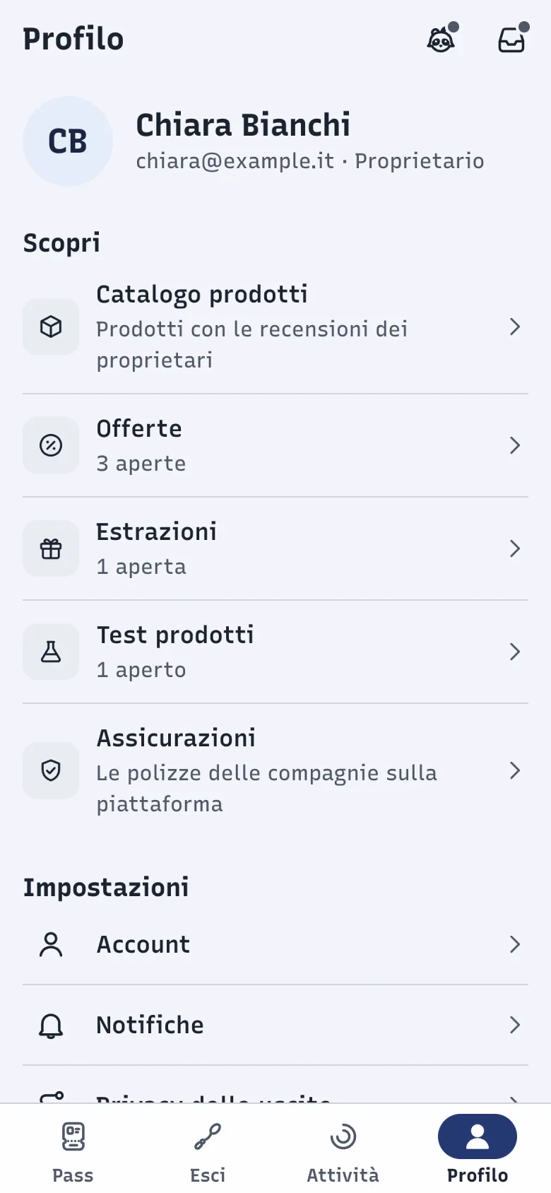 Schermata Profilo di DoctorBau con le sezioni Scopri e Impostazioni.