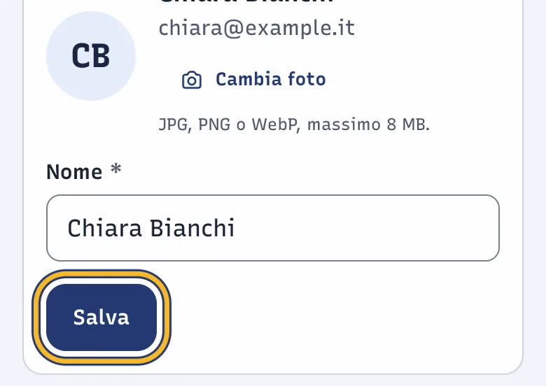 Pagina Account di DoctorBau con il campo Nome compilato; evidenziato il pulsante «Salva».
