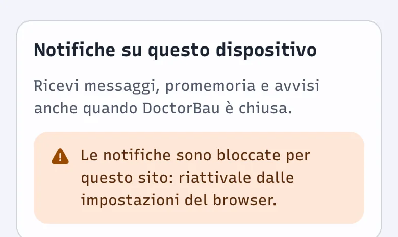 Riquadro Notifiche su questo dispositivo di DoctorBau con l'avviso «Le notifiche sono bloccate per questo sito».
