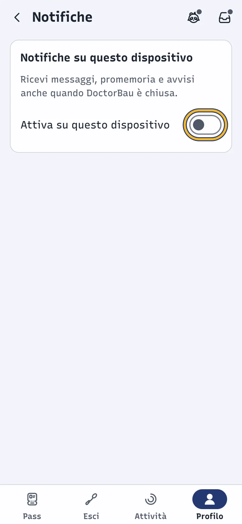 Pagina Notifiche di DoctorBau con la scheda Notifiche su questo dispositivo; evidenziato «Attiva su questo dispositivo».