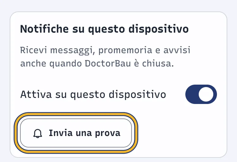 Scheda Notifiche su questo dispositivo di DoctorBau con le notifiche attive; evidenziato «Invia una prova».