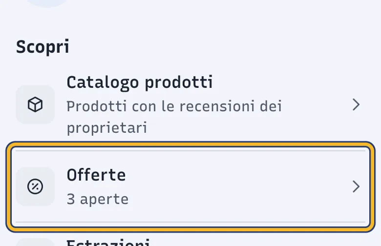 Schermata Profilo di DoctorBau con la sezione Scopri; evidenziata la voce «Offerte».