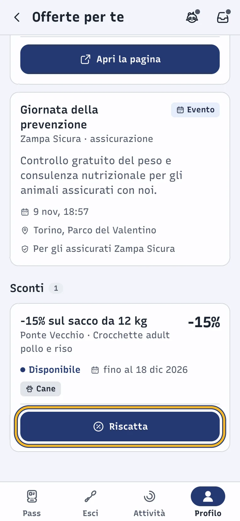 Schermata Offerte per te di DoctorBau con uno sconto disponibile; evidenziato «Riscatta».