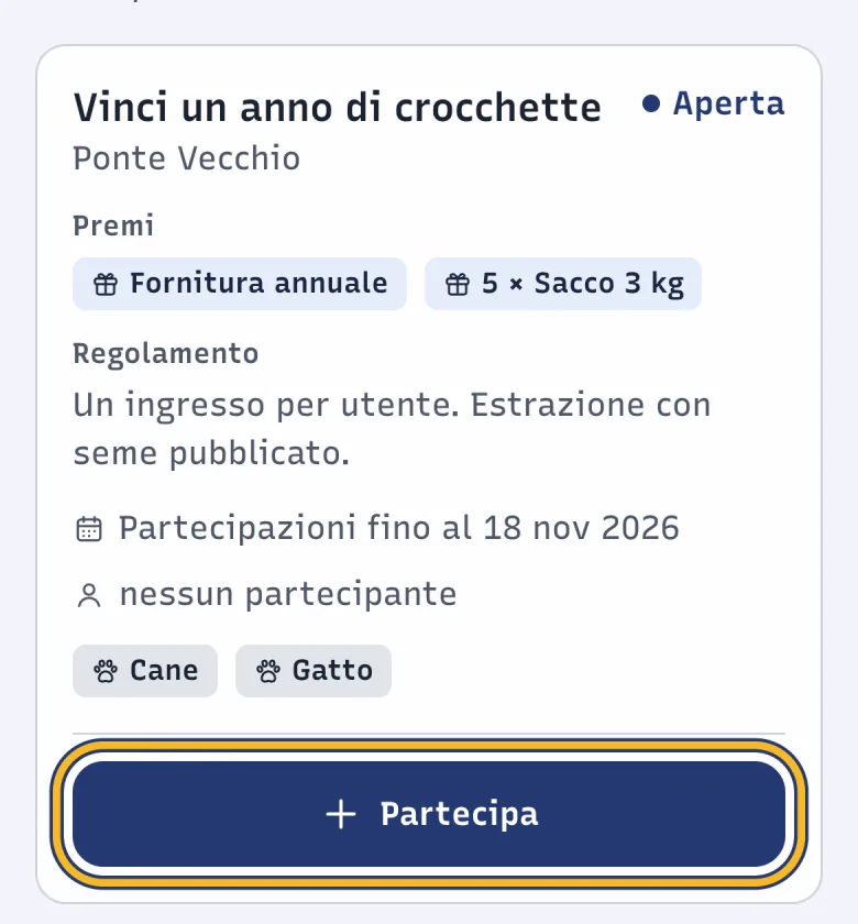 Schermata Estrazioni a premi di DoctorBau con un'estrazione aperta; evidenziato «Partecipa».