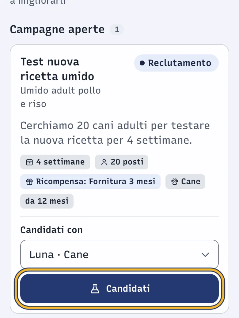 Schermata Test prodotti di DoctorBau con una campagna aperta; evidenziato «Candidati».