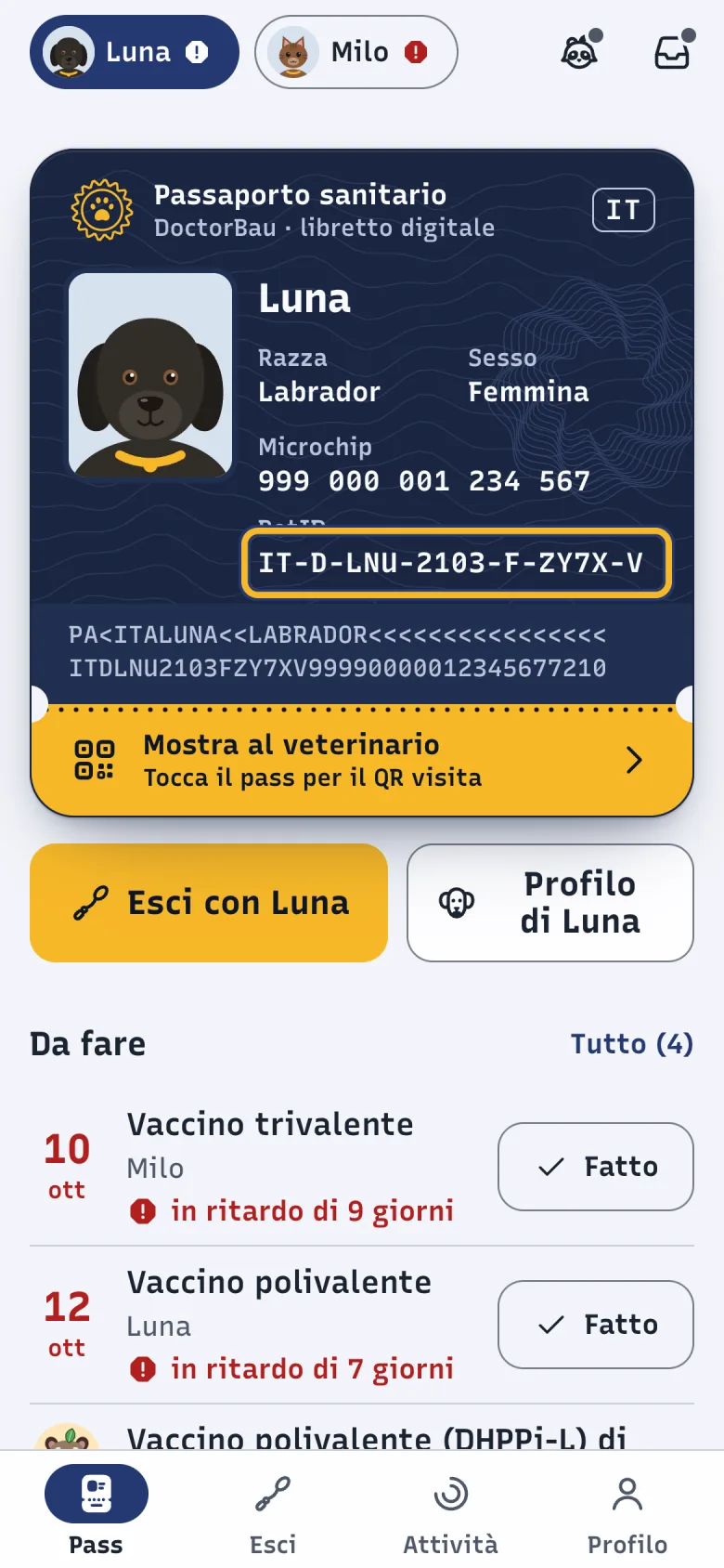 Schermata Pass di DoctorBau con il passaporto sanitario di Luna, Labrador femmina; evidenziato il PetID IT-D-LNU-2103-F-ZY7X-V.