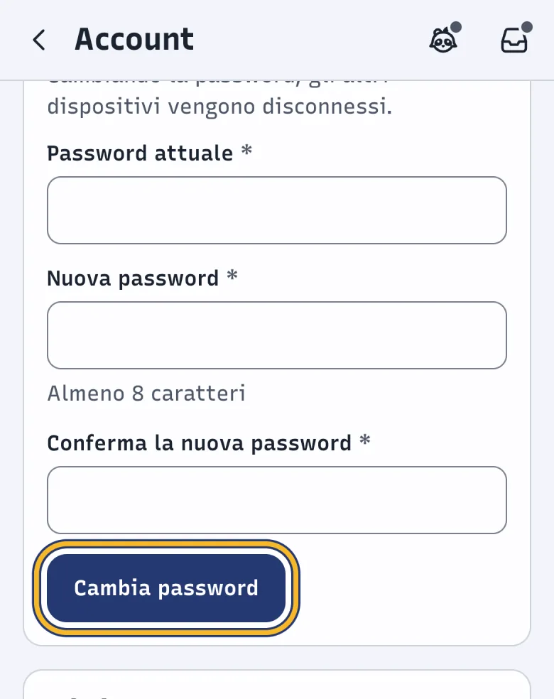 Sezione Password della pagina Account di DoctorBau con i tre campi; evidenziato il pulsante «Cambia password».