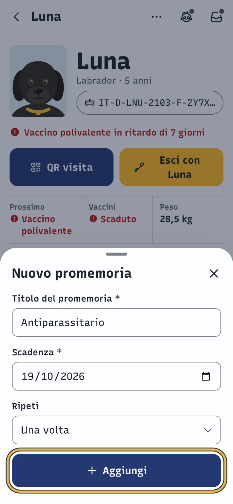 Foglio Nuovo promemoria di DoctorBau con titolo Antiparassitario, scadenza e ripetizione; evidenziato «Aggiungi».