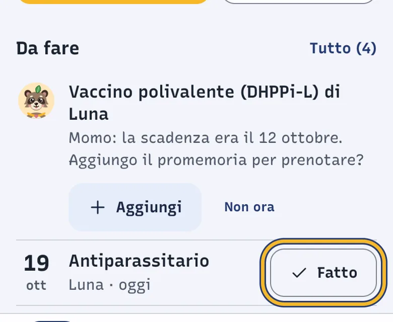 Sezione Da fare nella schermata Pass di DoctorBau con il promemoria Antiparassitario di Luna; evidenziato «Fatto».