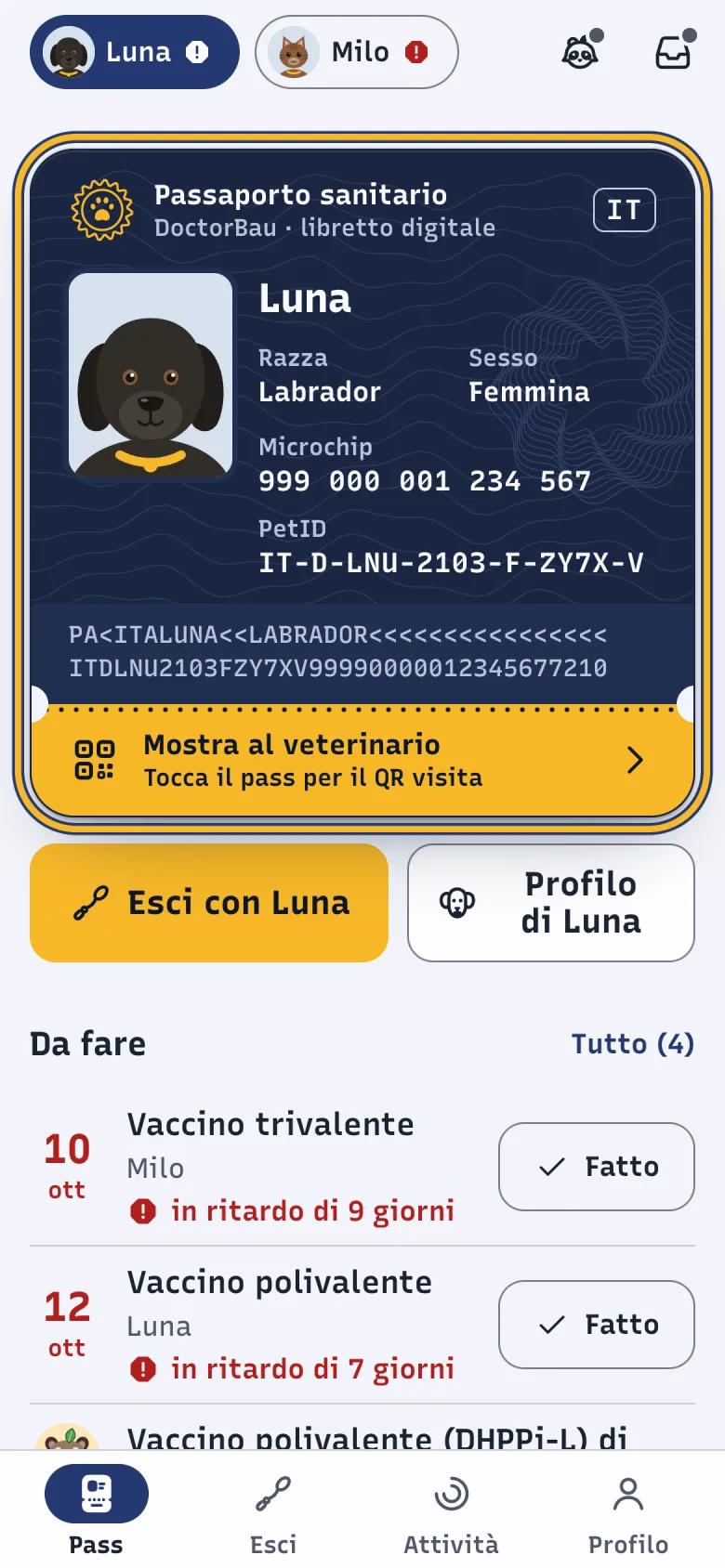 Schermata Pass di DoctorBau con il Pass di Luna; evidenziata la parte Mostra al veterinario.