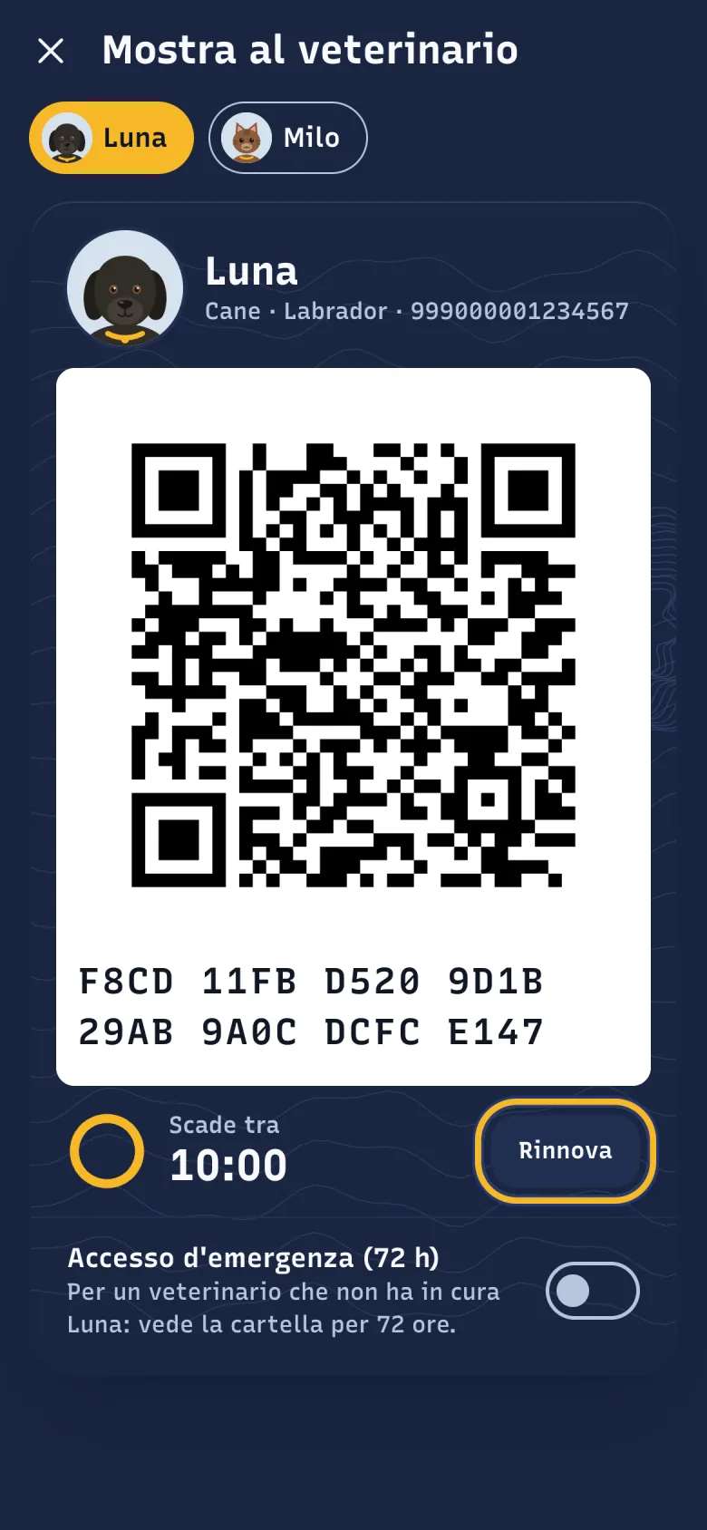 Schermata Mostra al veterinario di DoctorBau con il QR visita di Luna e il conto alla rovescia Scade tra; evidenziato «Rinnova».