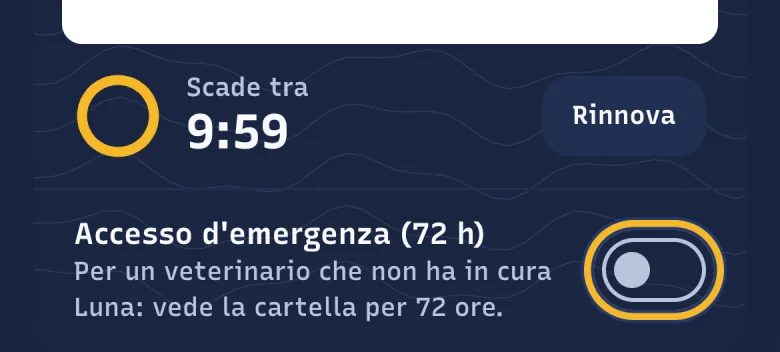 Parte bassa del QR visita di Luna in DoctorBau; evidenziato l'interruttore «Accesso d'emergenza (72 h)».