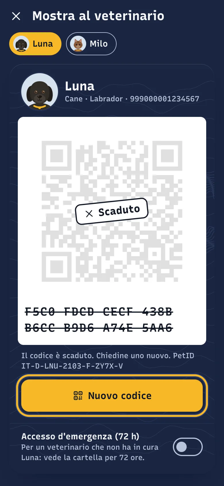 QR visita di Luna scaduto in DoctorBau, con il timbro Scaduto sul codice; evidenziato «Nuovo codice».
