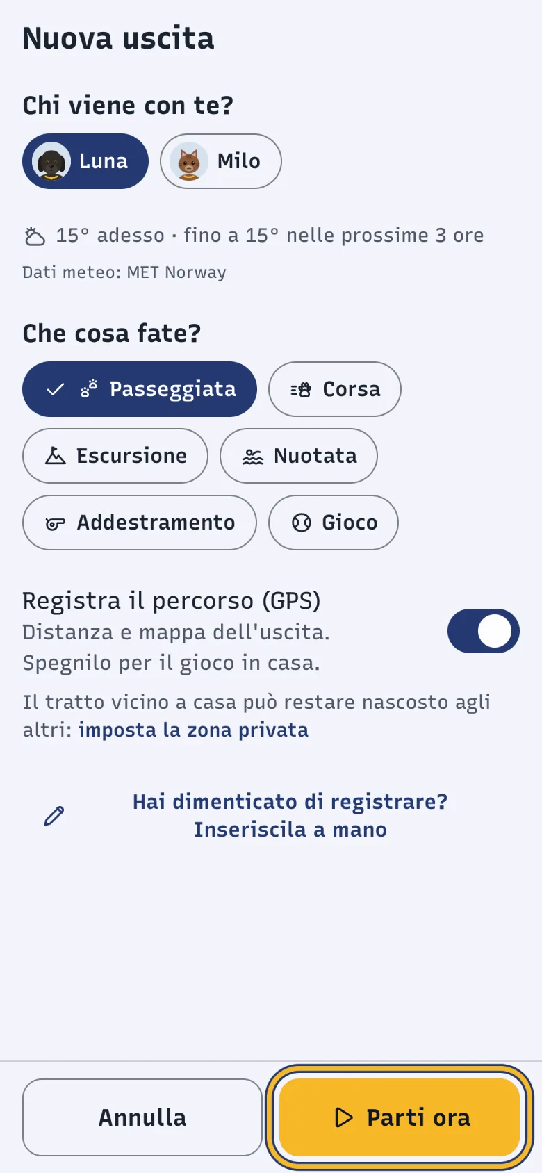 Schermata Nuova uscita di DoctorBau con animali, attività e interruttore del GPS; evidenziato «Parti ora».