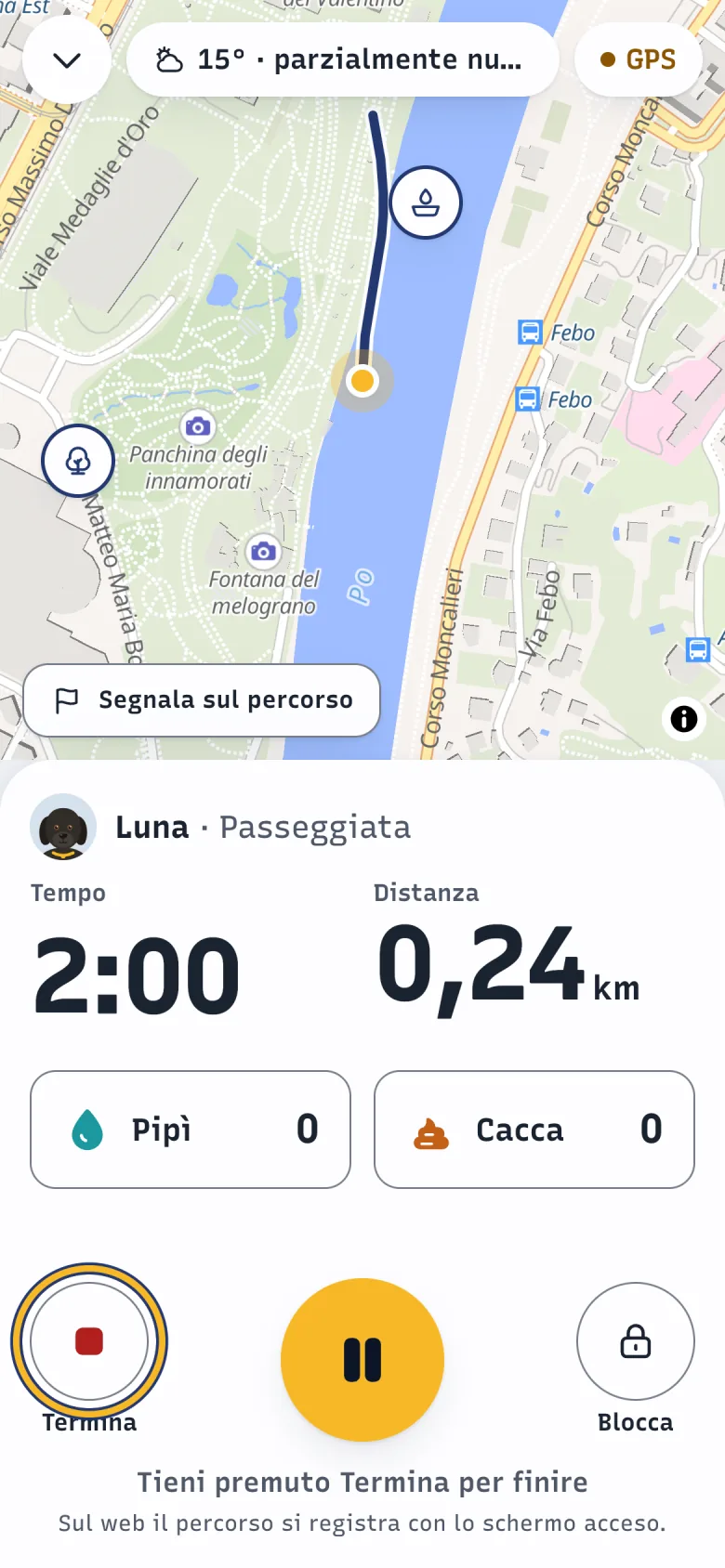 Schermata di un'uscita in corso al Parco del Valentino con mappa, tempo e distanza; evidenziato «Termina».