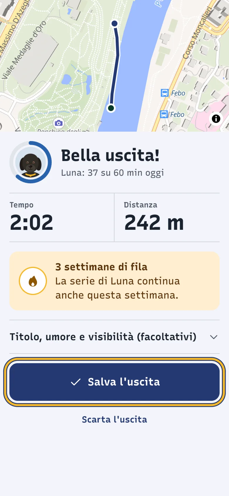 Schermata Bella uscita! di DoctorBau con il riepilogo dell'uscita; evidenziato «Salva l'uscita».