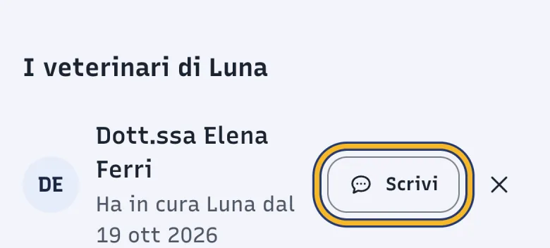 Sezione I veterinari di Luna in DoctorBau con la Dott.ssa Elena Ferri; evidenziato «Scrivi».