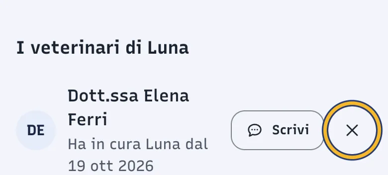 Sezione I veterinari di Luna in DoctorBau; evidenziata la X Revoca l'accesso accanto a Scrivi.