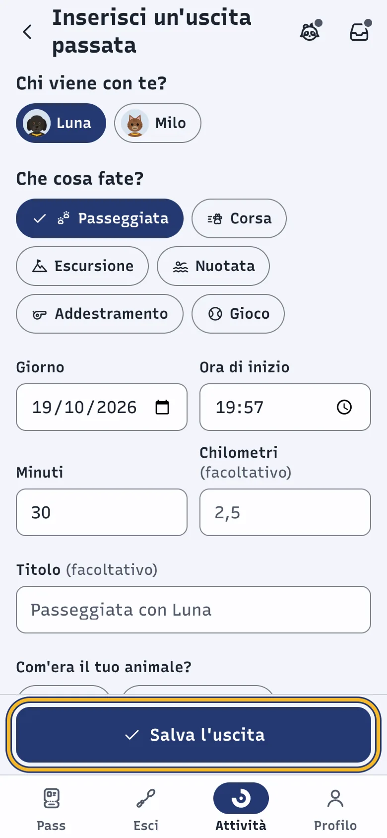Schermata Inserisci un'uscita passata di DoctorBau compilata per Luna; evidenziato «Salva l'uscita».