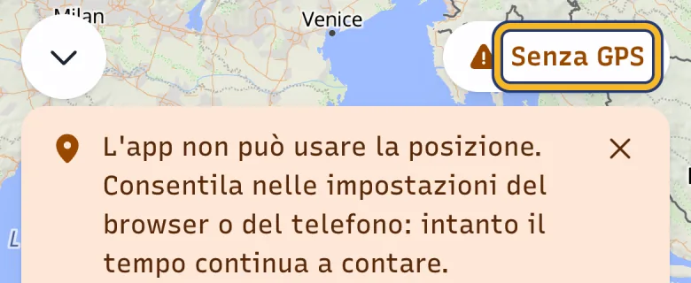 Registrazione di un'uscita in DoctorBau senza posizione, con l'avviso sulla posizione non consentita; evidenziato «Senza GPS».